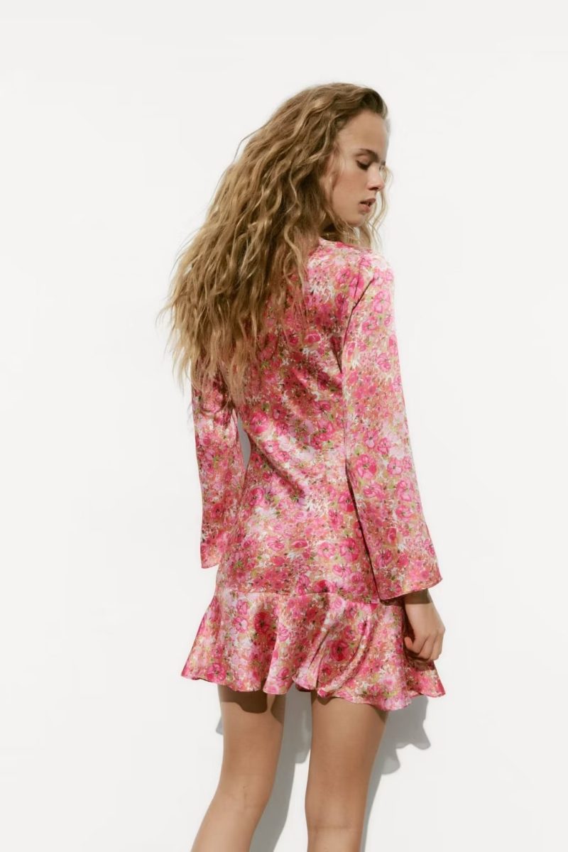 Spring Women Clothing Elegant Slightly Mature Floral Printed Silk Satin Dress - Image 2