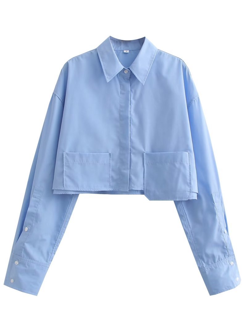 Spring Women Clothing Collared Hem Pocket Decorative Long Sleeve Short Shirt - Image 2