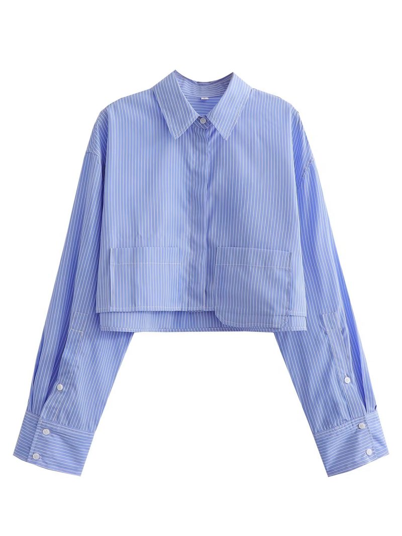 Spring Women Clothing Collared Hem Pocket Decorative Long Sleeve Short Shirt - Image 4