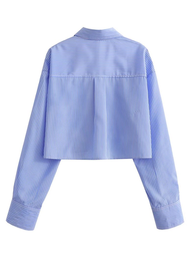Spring Women Clothing Collared Hem Pocket Decorative Long Sleeve Short Shirt - Image 5