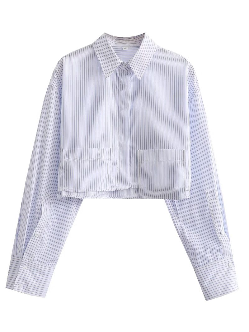 Spring Women Clothing Collared Hem Pocket Decorative Long Sleeve Short Shirt - Image 6