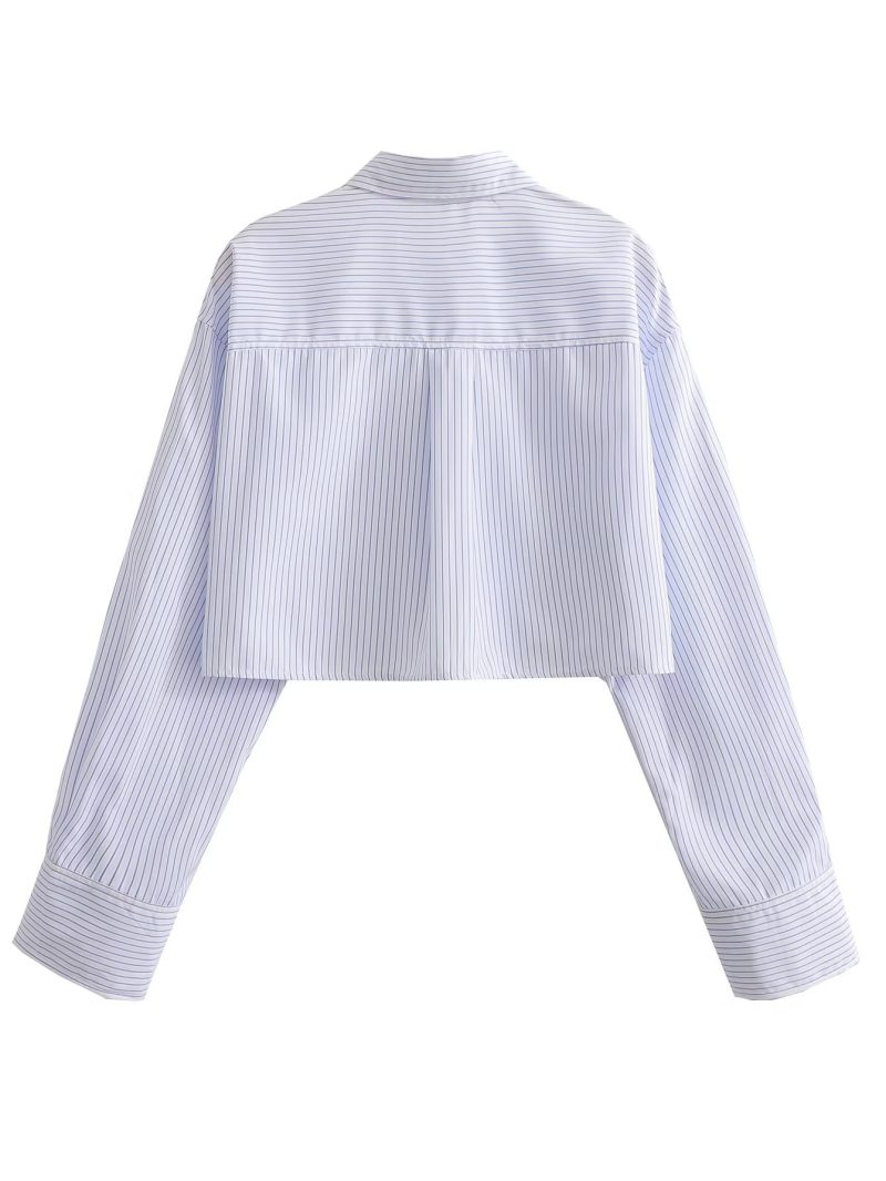 Spring Women Clothing Collared Hem Pocket Decorative Long Sleeve Short Shirt - Image 7