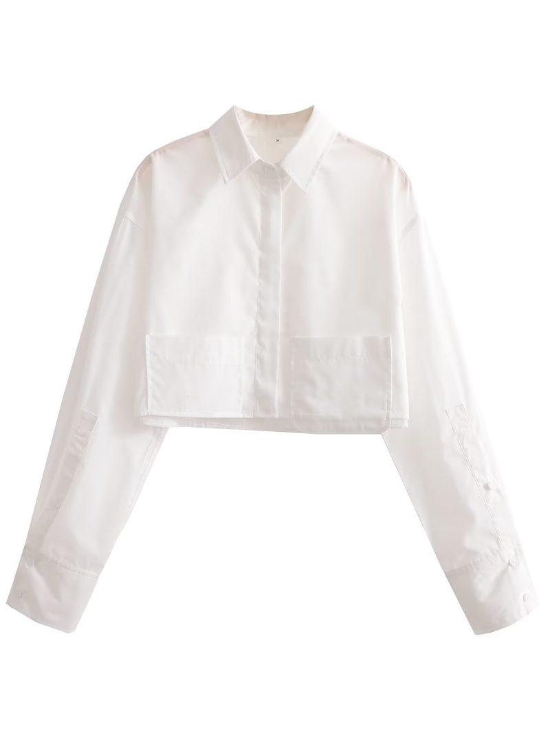 Spring Women Clothing Collared Hem Pocket Decorative Long Sleeve Short Shirt - Image 8