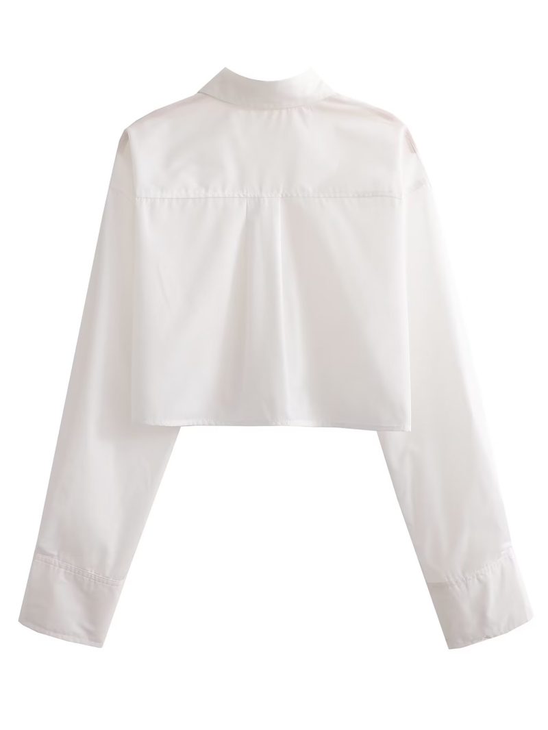 Spring Women Clothing Collared Hem Pocket Decorative Long Sleeve Short Shirt - Image 9