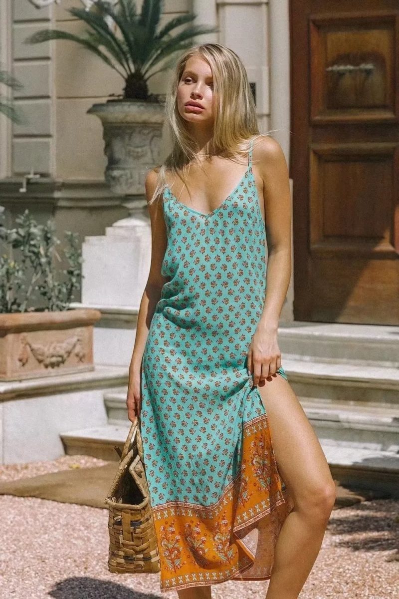 Autumn Winter Women Clothing Cashew Floral Print Slit Dress Suspender Dress - Image 2