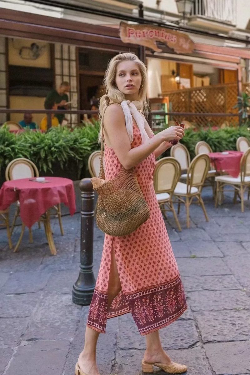 Autumn Winter Women Clothing Cashew Floral Print Slit Dress Suspender Dress - Image 3