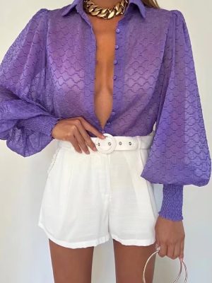 Spring Summer Two Color Embossed Loose Long Sleeved Shirt Single Breasted Top