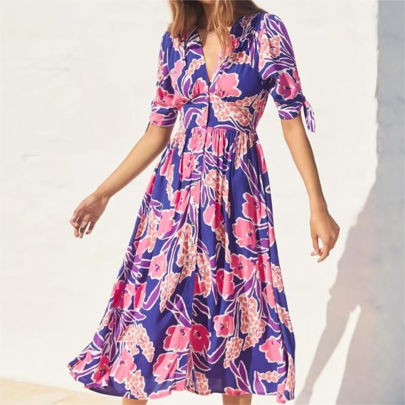 Spring Women Clothing Trendy Elegant V Neck Lace Up Short Sleeve Slim Dress Women