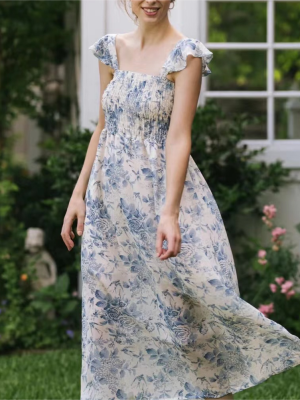 Sexy Side Split Wooden Ear Midi Dress Summer Floral Printing Slip Dress