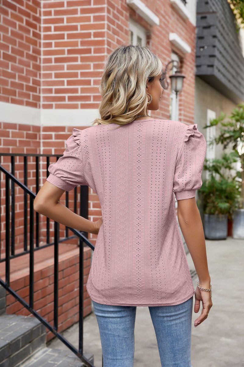Women Summer Solid Color V neck Court Sleeve Short Sleeve Loose T shirt Top Women - Image 2