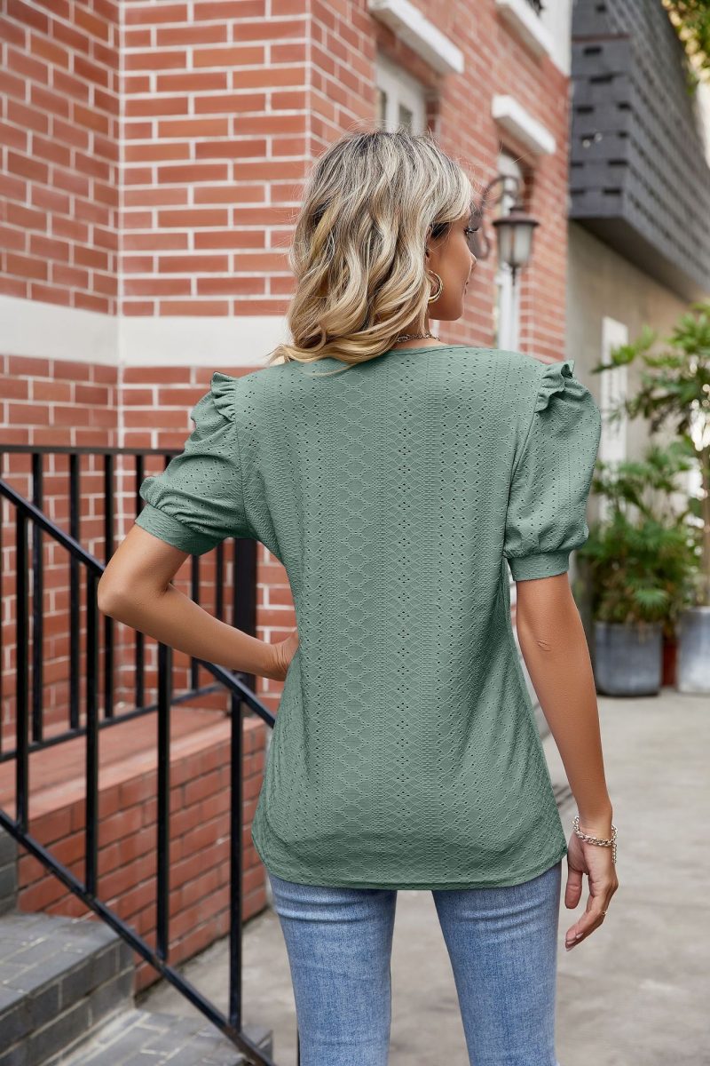 Women Summer Solid Color V neck Court Sleeve Short Sleeve Loose T shirt Top Women - Image 4