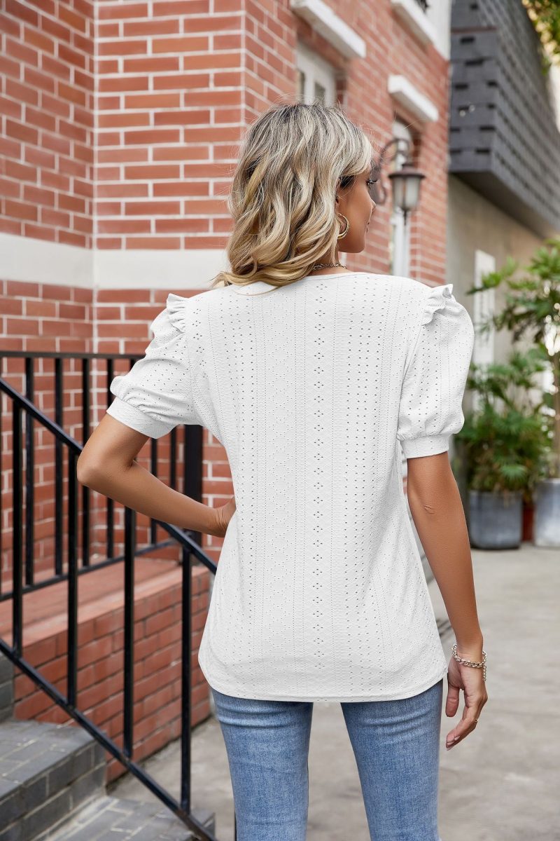 Women Summer Solid Color V neck Court Sleeve Short Sleeve Loose T shirt Top Women - Image 8