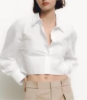 Women Collared Single Breasted Loose Hem Irregular Asymmetric Niche Sexy Shirt High Waist Short Super Cropped Small Shirt Top