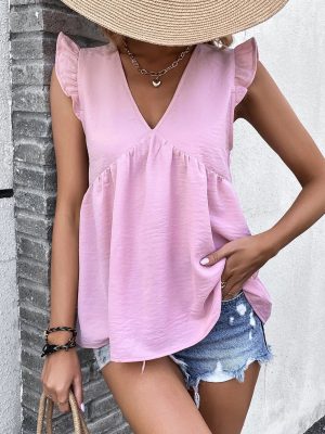 V Neck Ruffle Top Summer Solid Color Casual Loose Women Wear Shirt