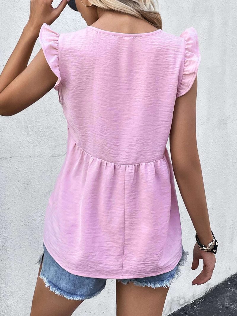 V Neck Ruffle Top Summer Solid Color Casual Loose Women Wear Shirt - Image 5