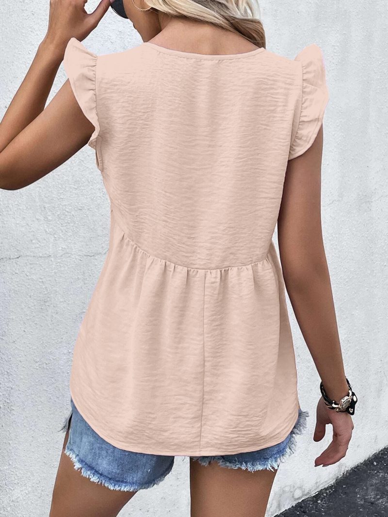 V Neck Ruffle Top Summer Solid Color Casual Loose Women Wear Shirt - Image 9