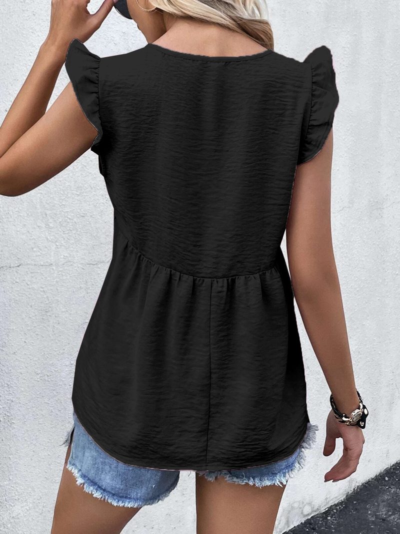 V Neck Ruffle Top Summer Solid Color Casual Loose Women Wear Shirt - Image 13