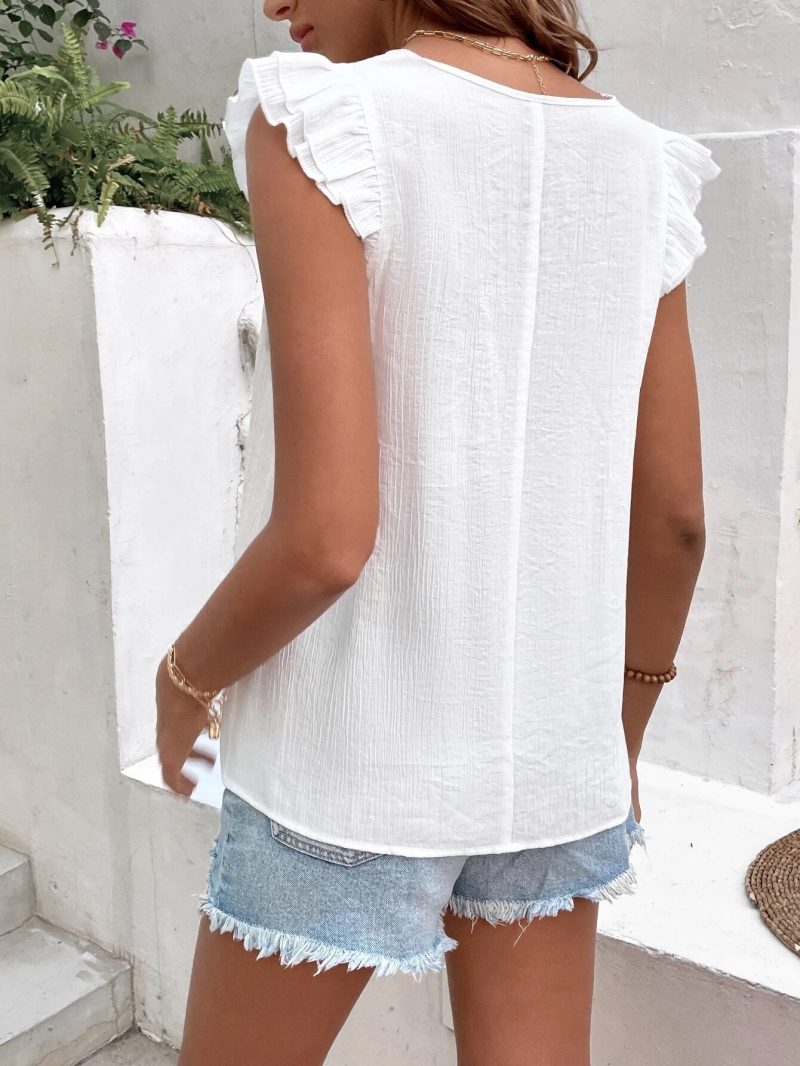 Lace Shirt V Neck Ruffle Women Pullover Loose Casual Shirt - Image 4