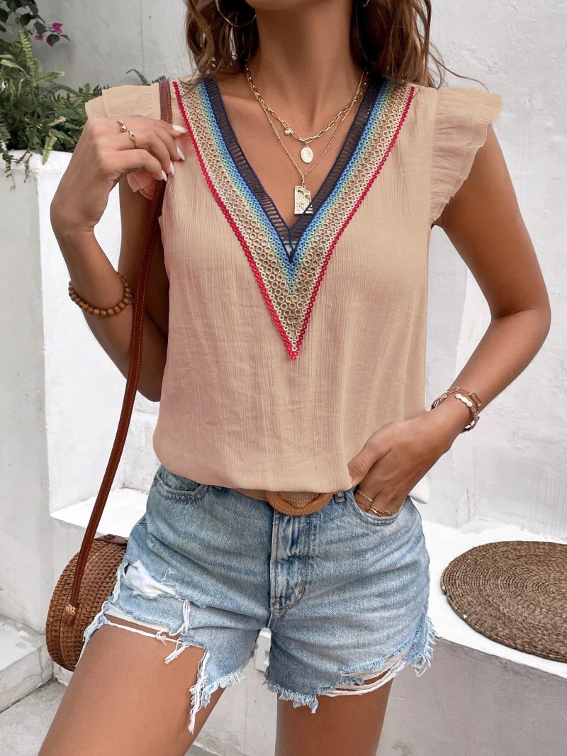 Lace Shirt V Neck Ruffle Women Pullover Loose Casual Shirt - Image 5