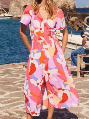 Women Summer Printed Bohemian Sleeveless Ruffled Shirt  Dress