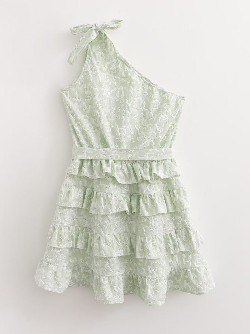 Spring Summer Organza Diagonal Shoulder Tiered Dress Women Small Floral Short Dress - Image 2