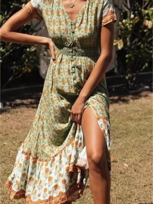 Spring Summer Women Clothing Vacation Beach Dress Positioning Print Short Sleeve Waist Controlled Dress