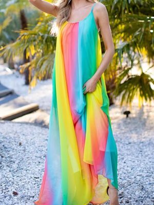 Women  Dress Summer Sexy Bohemian Color Striped Chiffon Beach Dress with Suspenders Short