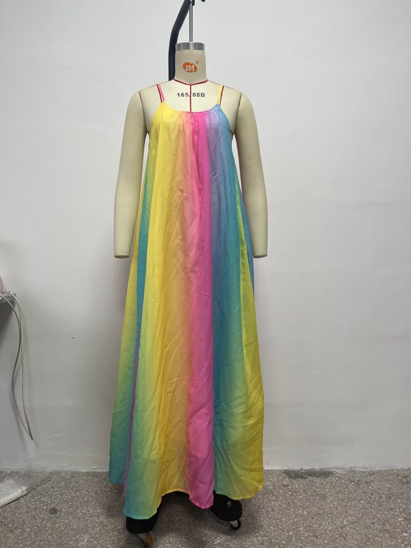 Women  Dress Summer Sexy Bohemian Color Striped Chiffon Beach Dress with Suspenders Short - Image 4