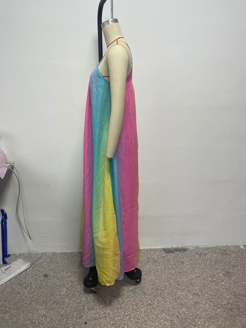 Women  Dress Summer Sexy Bohemian Color Striped Chiffon Beach Dress with Suspenders Short - Image 6