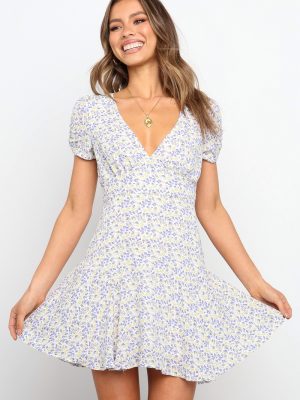 Women Summer New Sexy Deep V Large Swing Short Sleeve Printed Dress