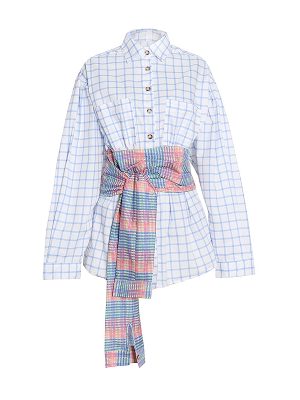 Fall Special Interest Design Slimming Long Sleeves Contrast Color Drawstring Patchwork Plaid Lantern Sleeve Shirt Women