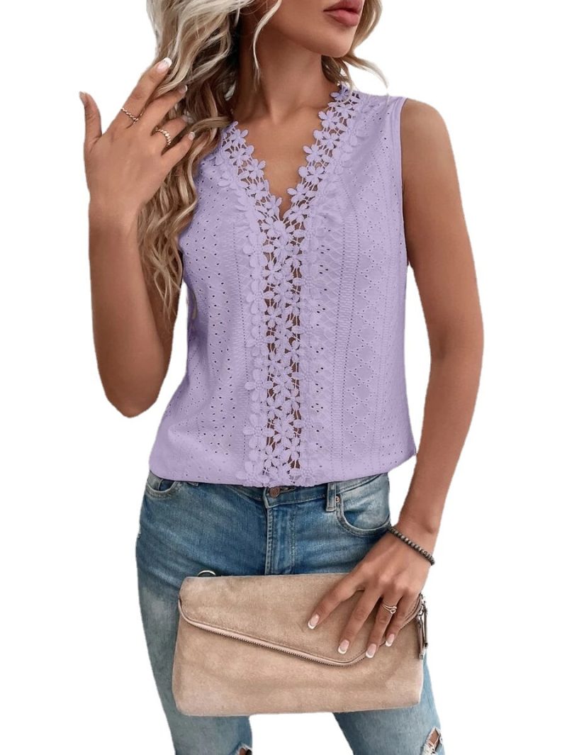 Women Clothing Summer V neck Stitching Hollow Out Lace Vest T Top Women - Image 4