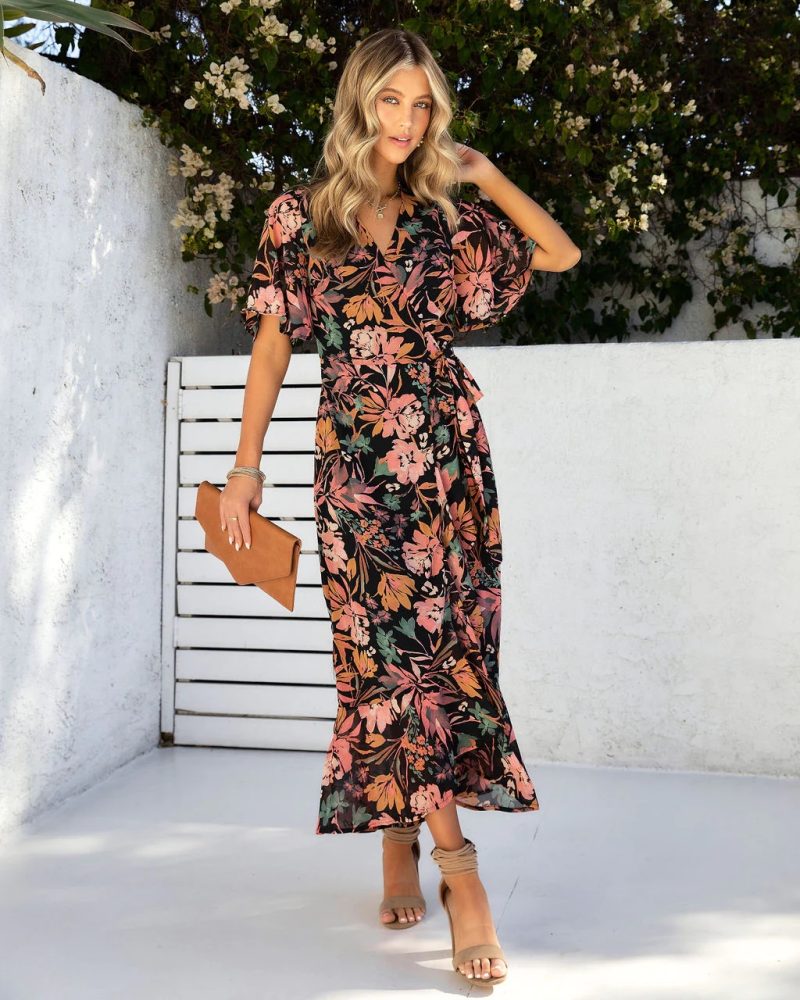 Women  New Holiday Summer Tropical Printed Irregular High Waist Wrap Dress - Image 3