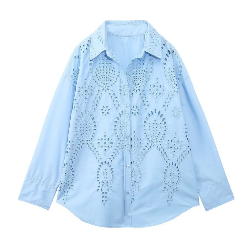 Spring Loose Long Sleeve Collared Single Breasted Top Hollow Out Cutout Embroidered Shirt - Image 4
