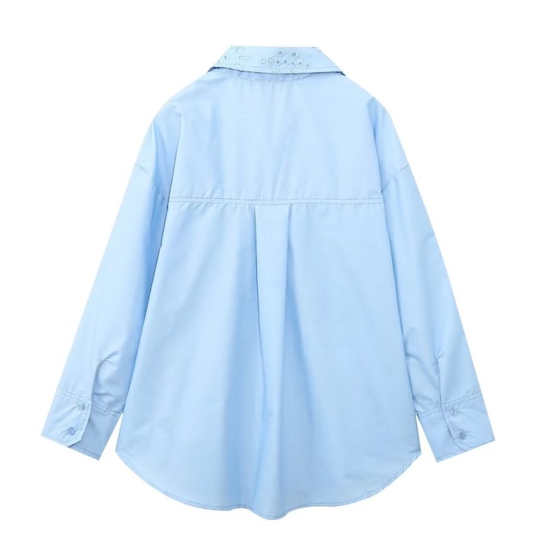 Spring Loose Long Sleeve Collared Single Breasted Top Hollow Out Cutout Embroidered Shirt - Image 5