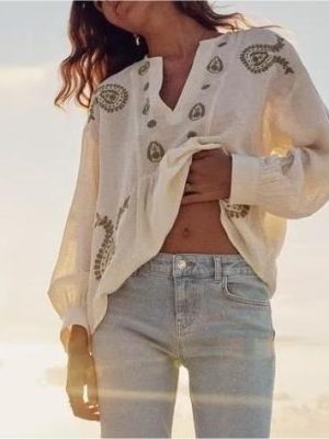 French Spring Vintage Art Embroidery Floral Cutout Collared Loose Cardigan Women Lantern Long Sleeve Shirt