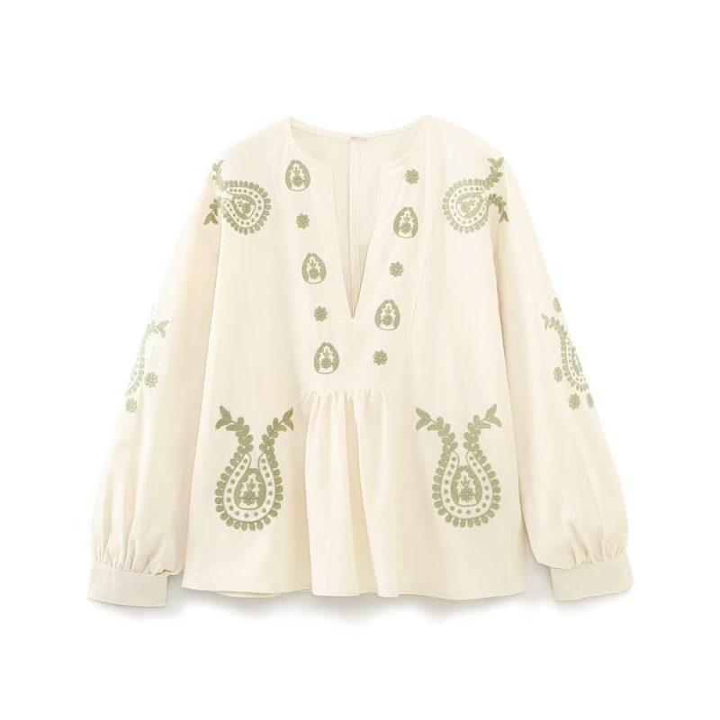 French Spring Vintage Art Embroidery Floral Cutout Collared Loose Cardigan Women Lantern Long Sleeve Shirt - Image 2