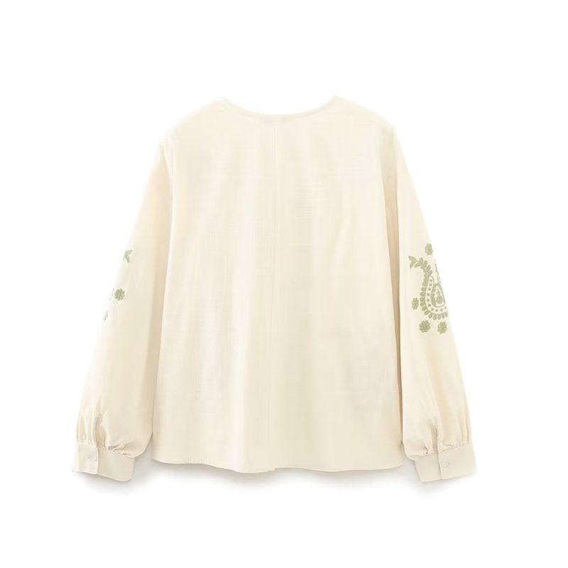 French Spring Vintage Art Embroidery Floral Cutout Collared Loose Cardigan Women Lantern Long Sleeve Shirt - Image 3
