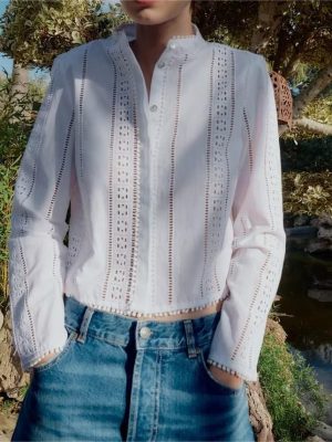 Summer Women  White round Neck Long Sleeve Hollow Out Cutout Embroidery Tassel Hem Shirt