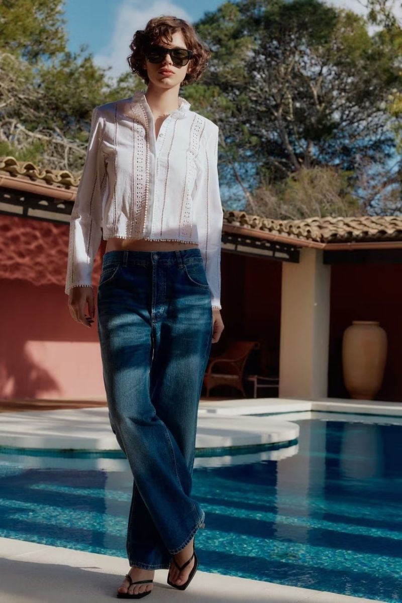 Summer Women  White round Neck Long Sleeve Hollow Out Cutout Embroidery Tassel Hem Shirt - Image 2