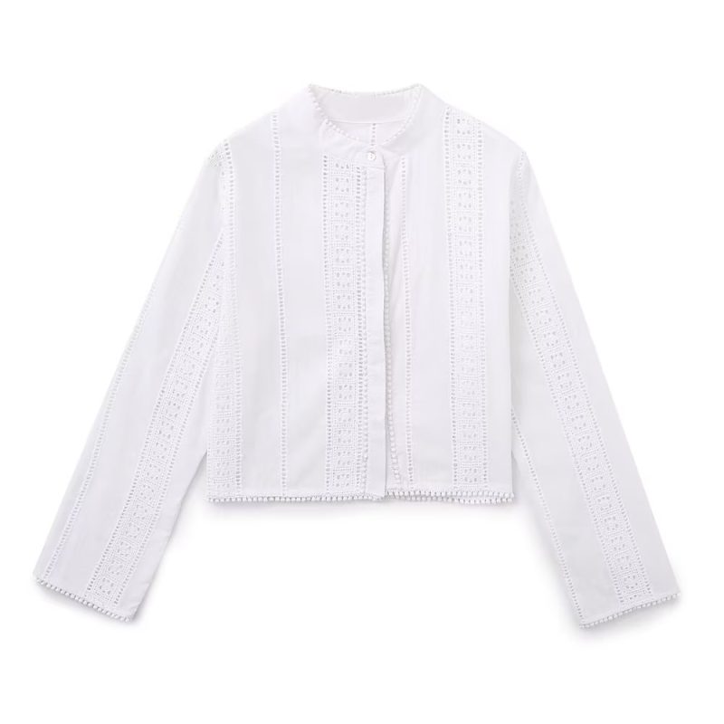 Summer Women  White round Neck Long Sleeve Hollow Out Cutout Embroidery Tassel Hem Shirt - Image 3