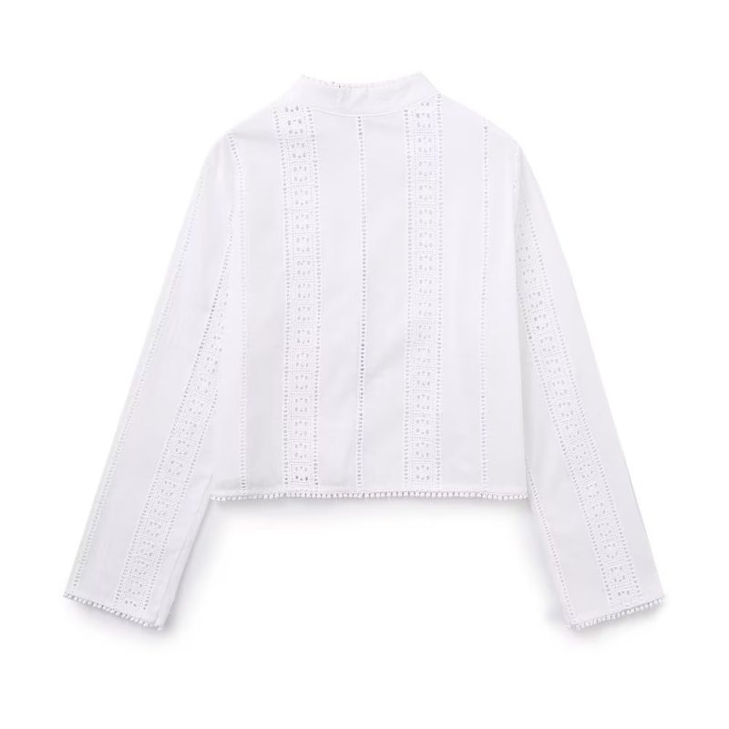 Summer Women  White round Neck Long Sleeve Hollow Out Cutout Embroidery Tassel Hem Shirt - Image 4