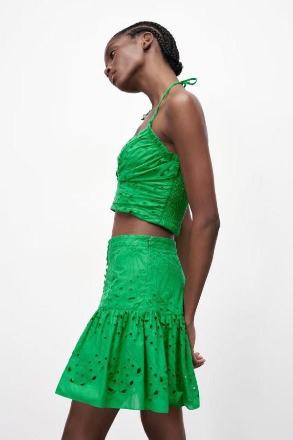 Women Clothing   Embroidered Laminated Decoration Green Skirt - Image 2