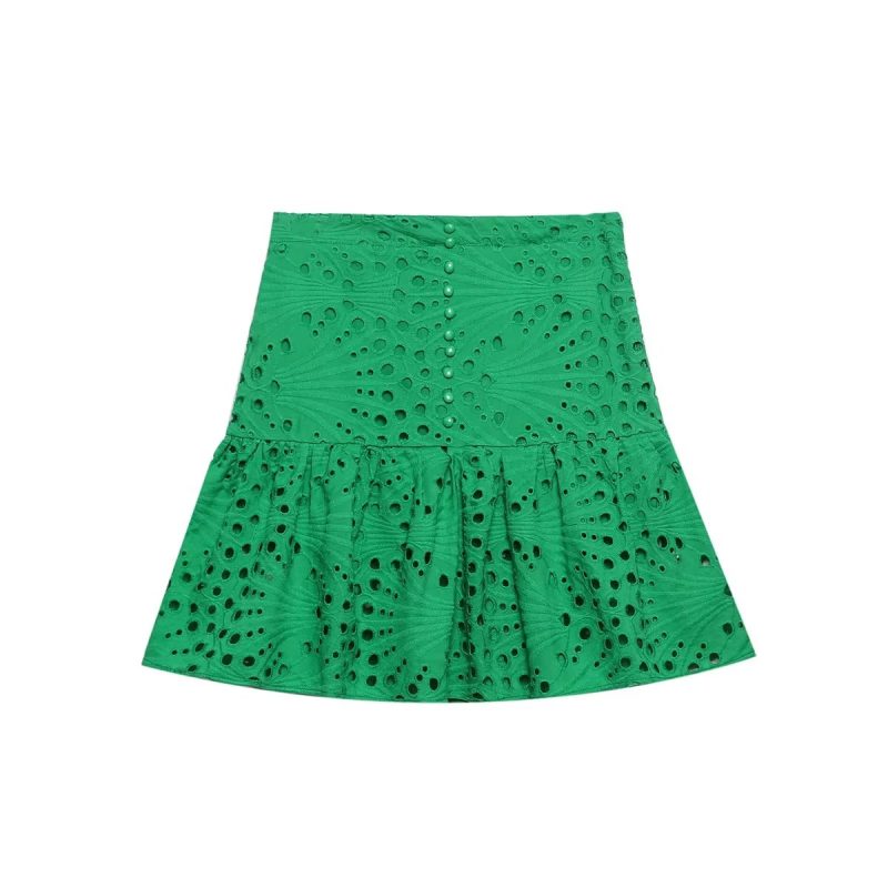 Women Clothing   Embroidered Laminated Decoration Green Skirt - Image 4