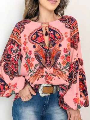 Popular Personalized Printed round Neck Lantern Sleeve Shirt Plus size