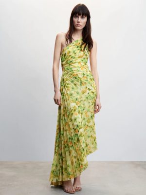 French Best Women Clothes One-Shoulder Floral Printed Pleated Dress