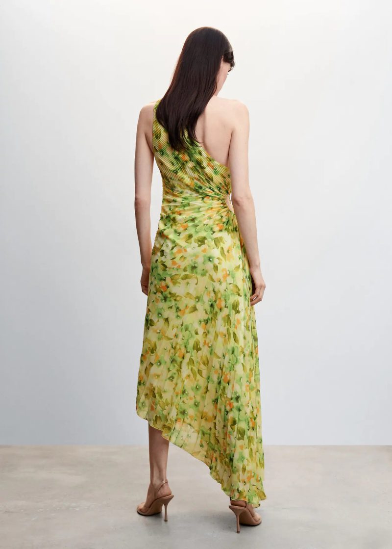 French Best Women Clothes One-Shoulder Floral Printed Pleated Dress - Image 3