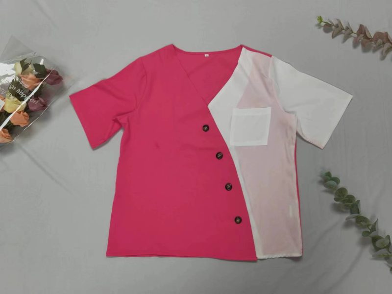 Summer Elegant V neck Color Block Short Sleeve Contrast Color Shirt Women Top - Image 4