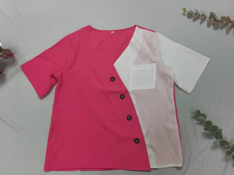Summer Elegant V neck Color Block Short Sleeve Contrast Color Shirt Women Top - Image 5
