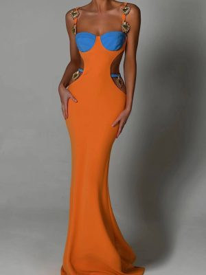 Alloy Ornament Hollow Out Cutout Backless Split Bandage Maxi Dress